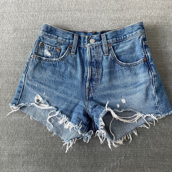 Levi's 501 Jeans Shorts Women 25 Blue High Rise Raw Hem Dark Wash Button Fly - Picture 1 of 8